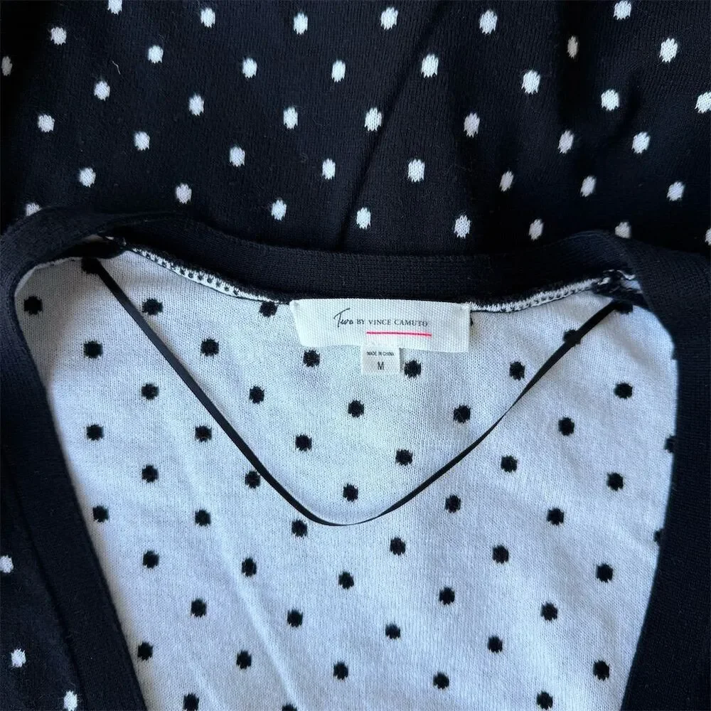 Vince Camuto Polka Dot Stripe Cardigan Sweater Women's M Black Preppy Academia